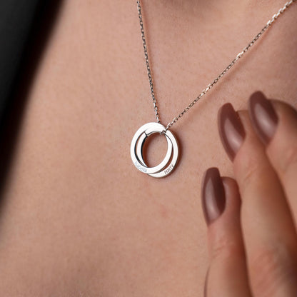 Customized Double Circle Necklace - Engraved Sterling Silver Pendant, Interlocking Rings - Unique Gift Idea