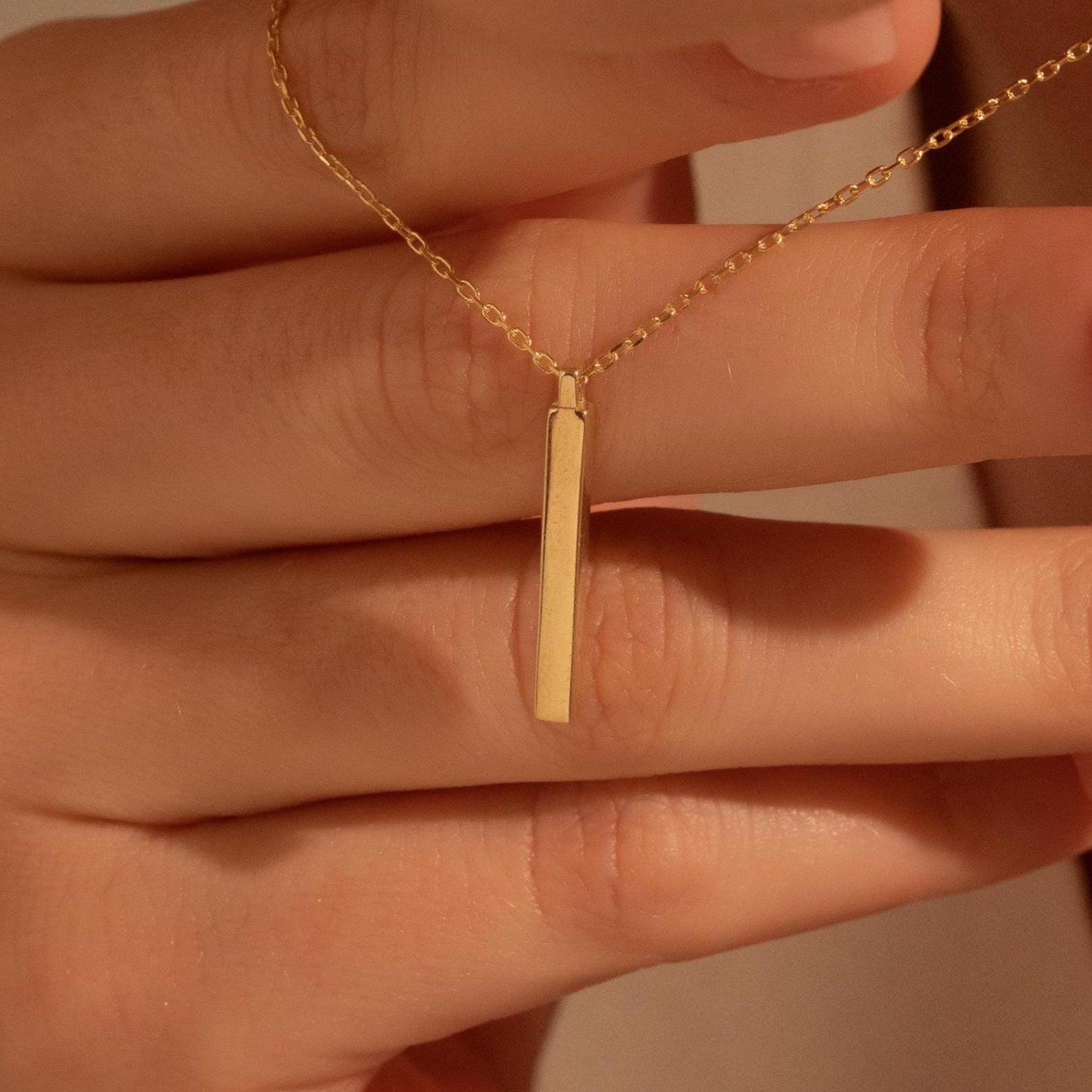 Minimal Vertical Bar Necklace – Custom Engraved Pendant, 18K Gold Plated