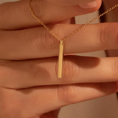 Minimal Vertical Bar Necklace – Custom Engraved Pendant, 18K Gold Plated