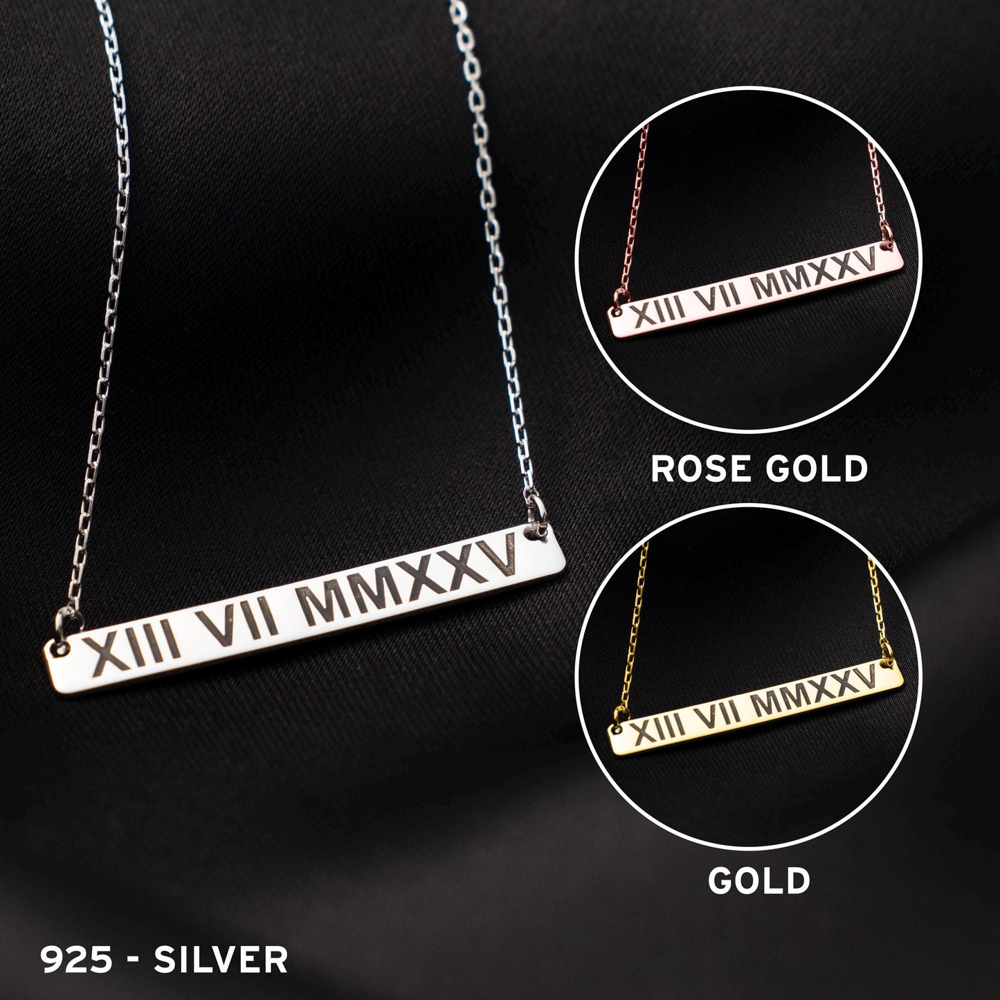 Timeless Elegance: Roman Numeral Date Necklace in 925 Silver - Personalized Gift for Him or Her