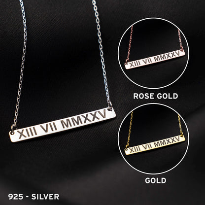 Timeless Elegance: Roman Numeral Date Necklace in 925 Silver - Personalized Gift for Him or Her