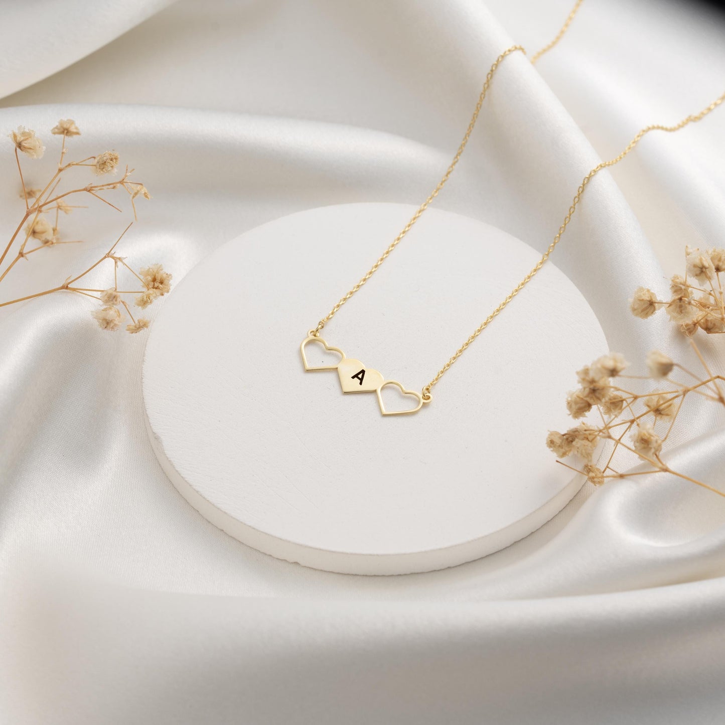 Personalized Heart Initial Necklace – Custom Triple Heart Pendant Gift for Her