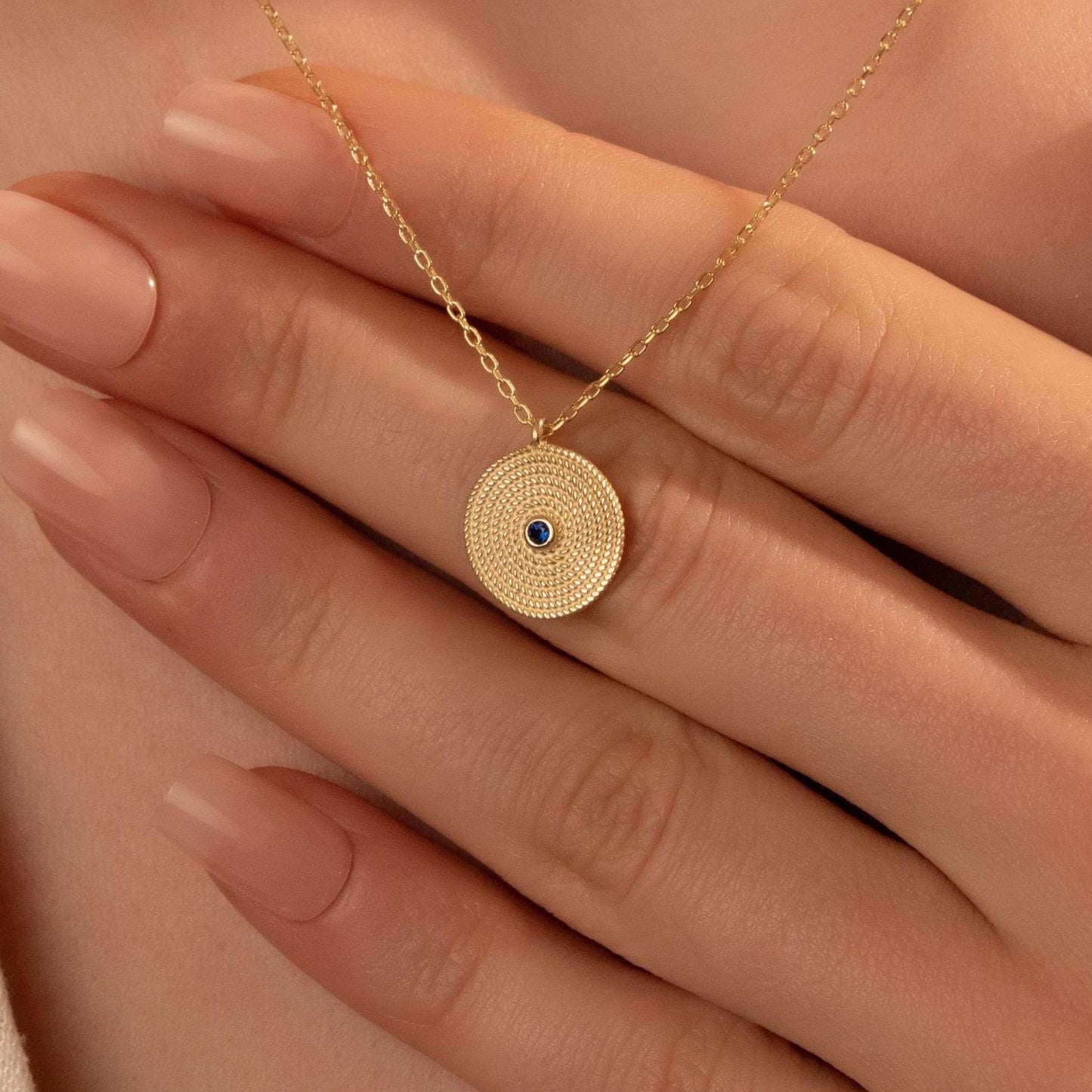Textured Evil Eye Necklace – Minimal Round Pendant Jewelry, Gift for Her