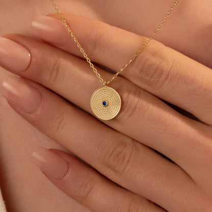 Textured Evil Eye Necklace – Minimal Round Pendant Jewelry, Gift for Her