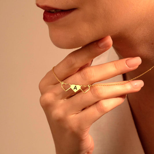 Personalized Heart Initial Necklace – Custom Triple Heart Pendant Gift for Her