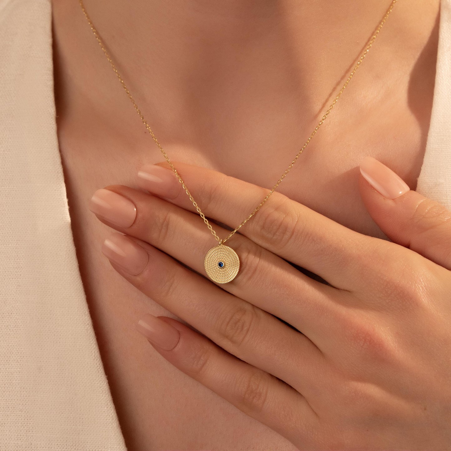 Textured Evil Eye Necklace – Minimal Round Pendant Jewelry, Gift for Her