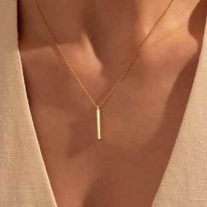 Minimal Vertical Bar Necklace – Custom Engraved Pendant, 18K Gold Plated