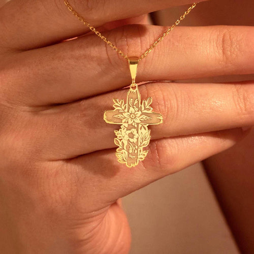 Elegant Gold Floral Cross Necklace - Perfect Christian Gift for Her