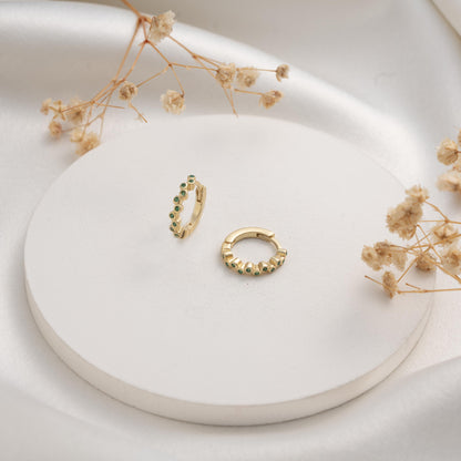 Dainty Gold Hoop Earrings with Emerald Green Crystals - Elegant Gift for Her