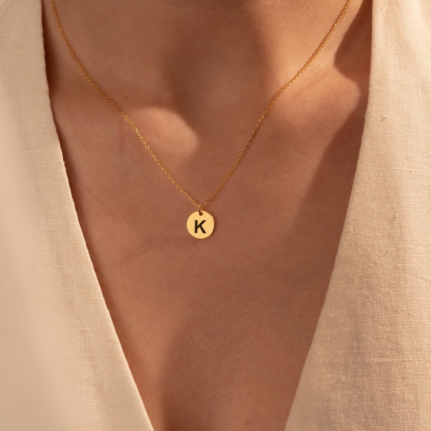 Dainty Custom Letter Necklace - Stylish Gold Initial Disc on Silver Chain