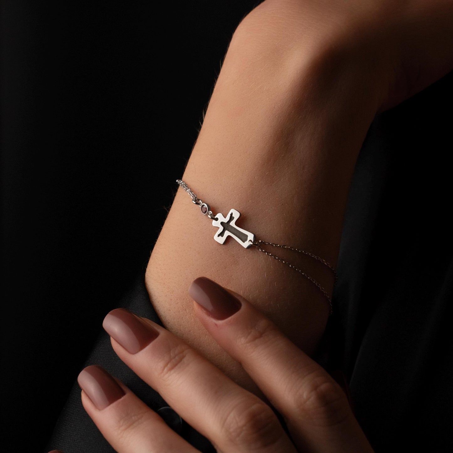 Personalized Birthstone Cross Bracelet for Her, Religious Gift, Sterling Silver, Gold Plated