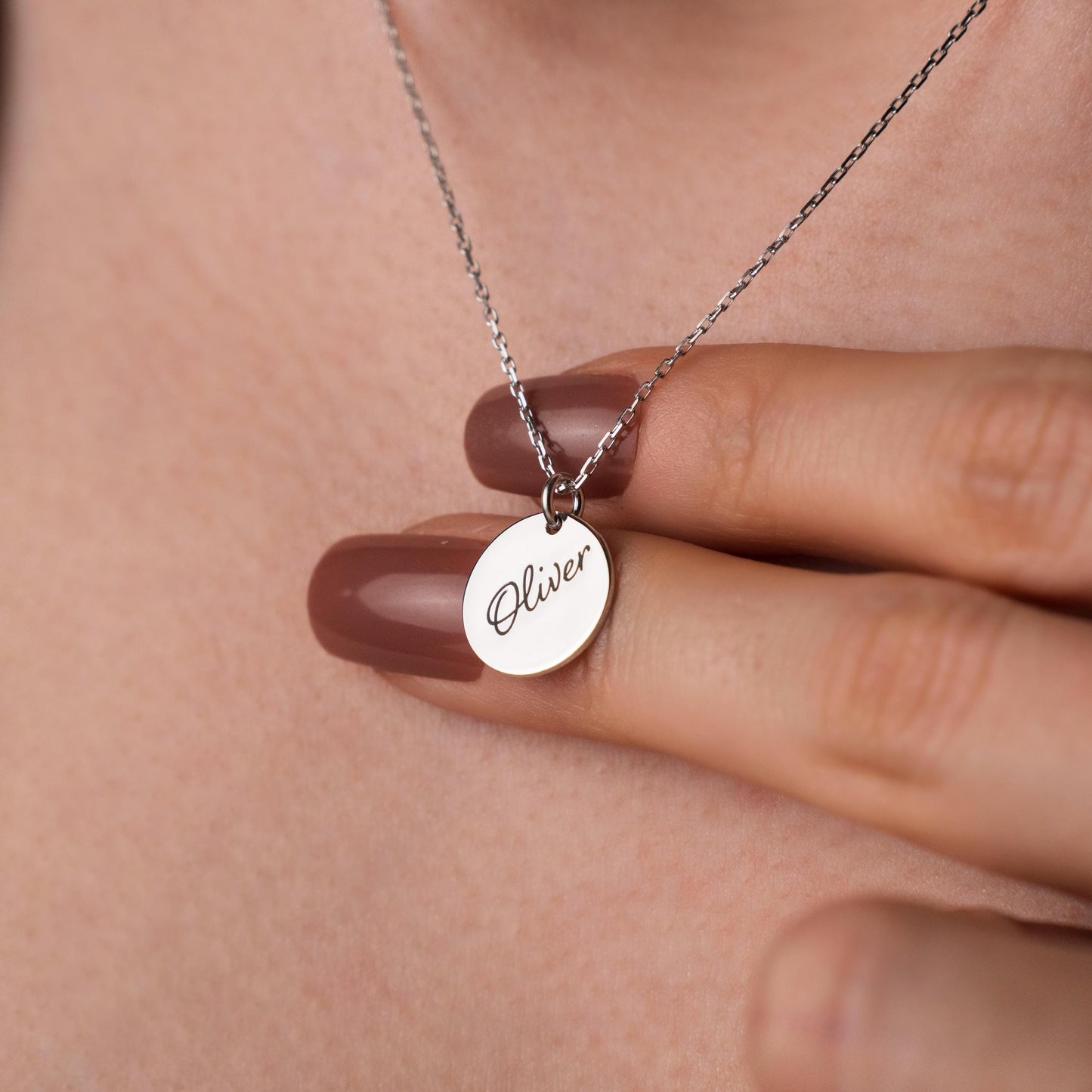 Custom Round Name Necklace, 925 Silver Pendant, Minimalist Jewelry, Personalized Gift for Her
