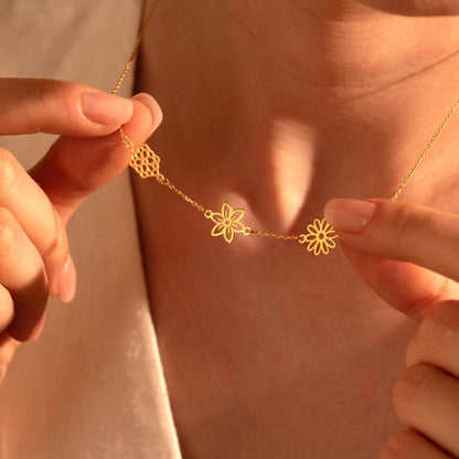 Three Flower Charm Necklace – Dainty Gold Floral Jewelry Gift for Her