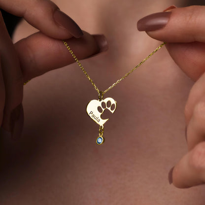 Pet Loss Tribute Necklace - Sterling Silver Paw Charm for Pet Lovers, Customizable with Birthstone