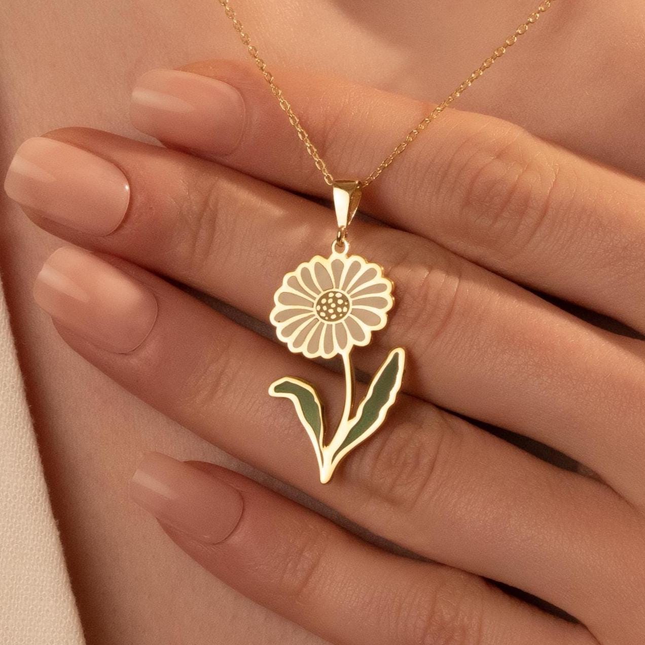 Daisy Necklace - Enamel Flower Pendant, Gold Plated Silver Charm, Floral Jewelry Gift