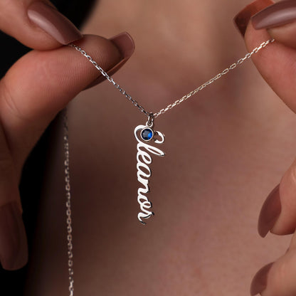 Personalized Vertical Name Necklace with Birthstone - Elegant Silver Custom Pendant