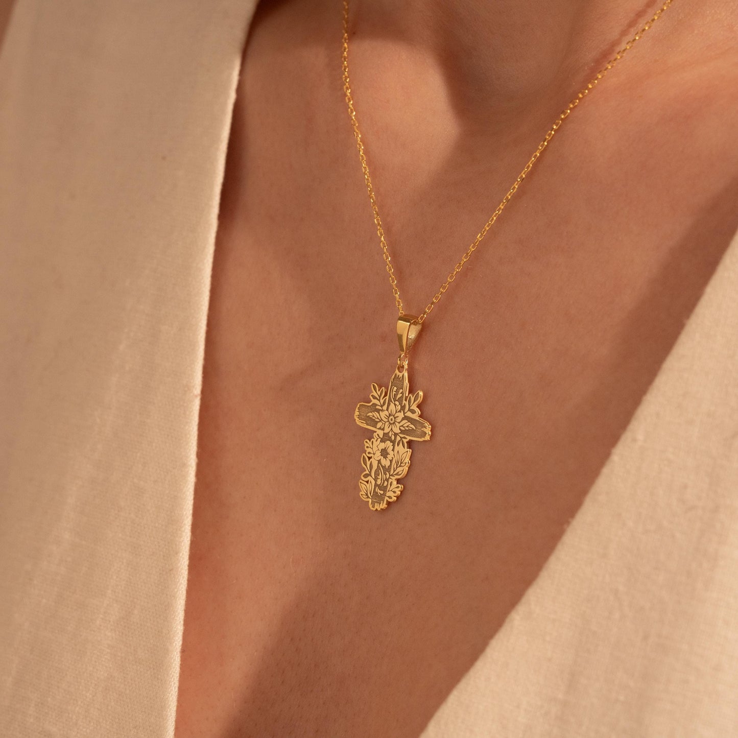 Elegant Gold Floral Cross Necklace - Perfect Christian Gift for Her