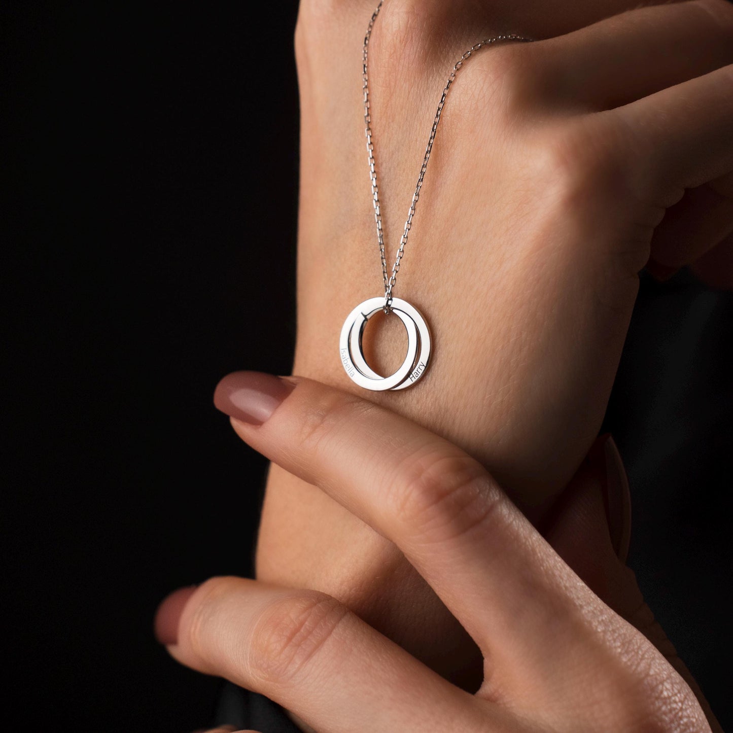 Customized Double Circle Necklace - Engraved Sterling Silver Pendant, Interlocking Rings - Unique Gift Idea