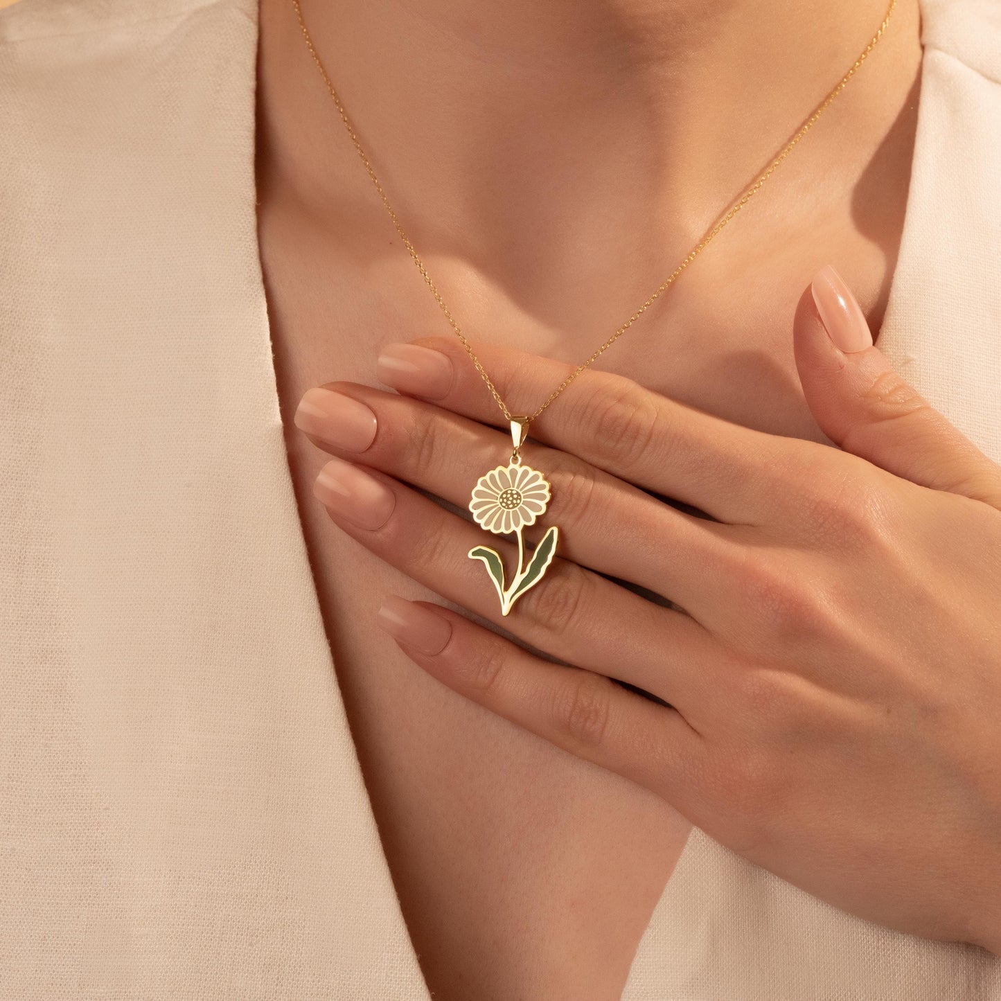 Daisy Necklace - Enamel Flower Pendant, Gold Plated Silver Charm, Floral Jewelry Gift