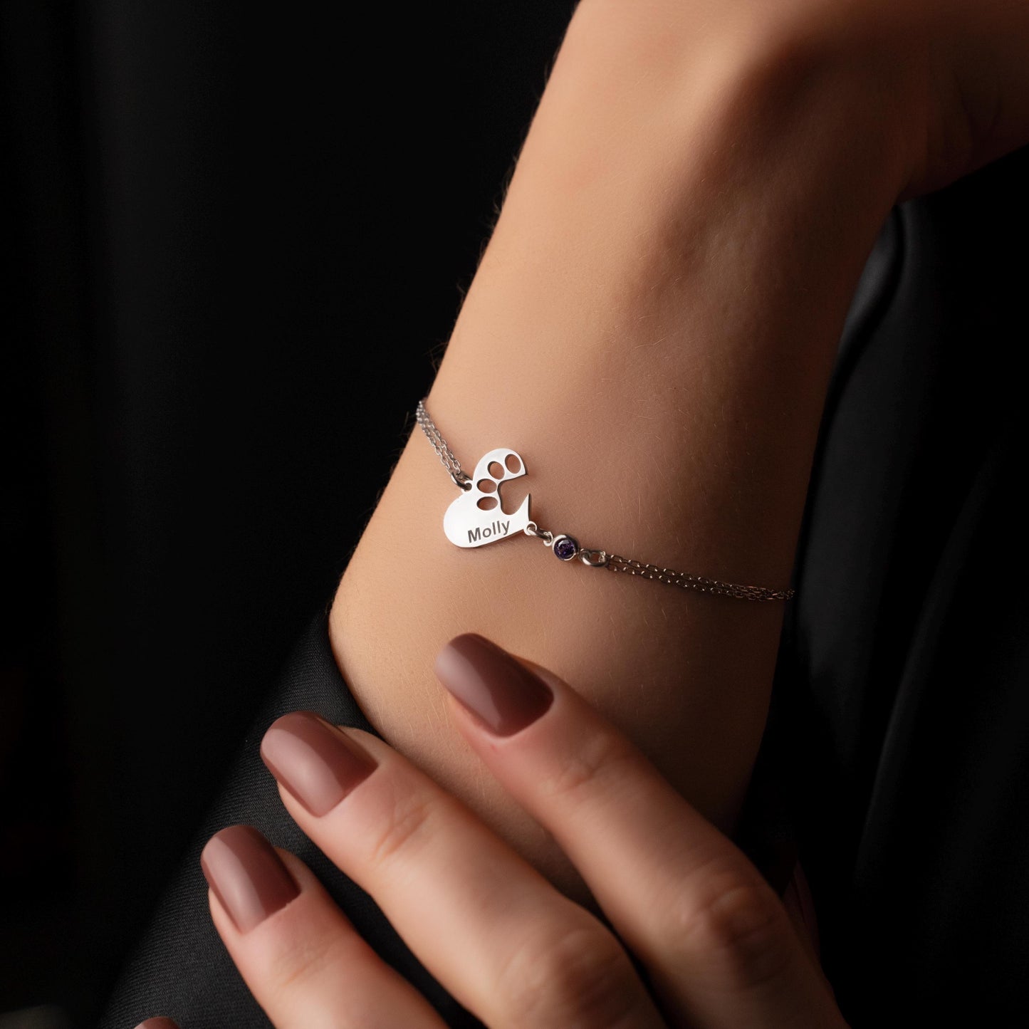 Personalized Name Bracelet with Birthstone - Engraved Heart Charm, Sterling Silver or 18K Gold Plated