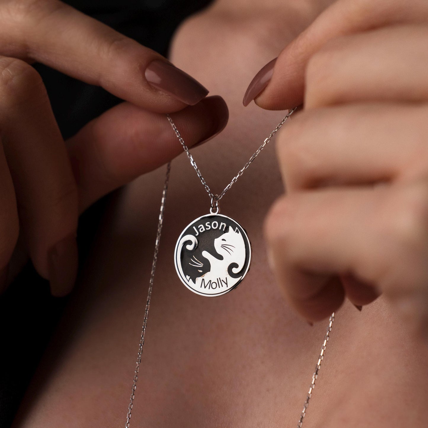 Whimsical Yin-Yang Cat Necklace - Custom Couple Name Pendant in 925 Silver, Engraved Gift for Cat Lovers