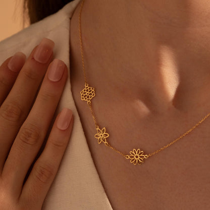 Three Flower Charm Necklace – Dainty Gold Floral Jewelry Gift for Her