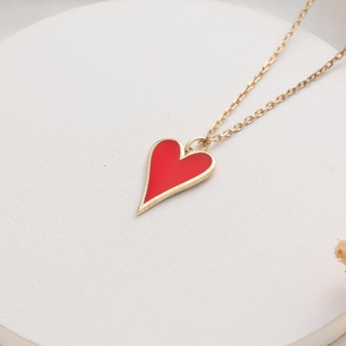 Red Heart Pendant Necklace – Custom Love Necklace Gift for Her, 18K Gold Plated