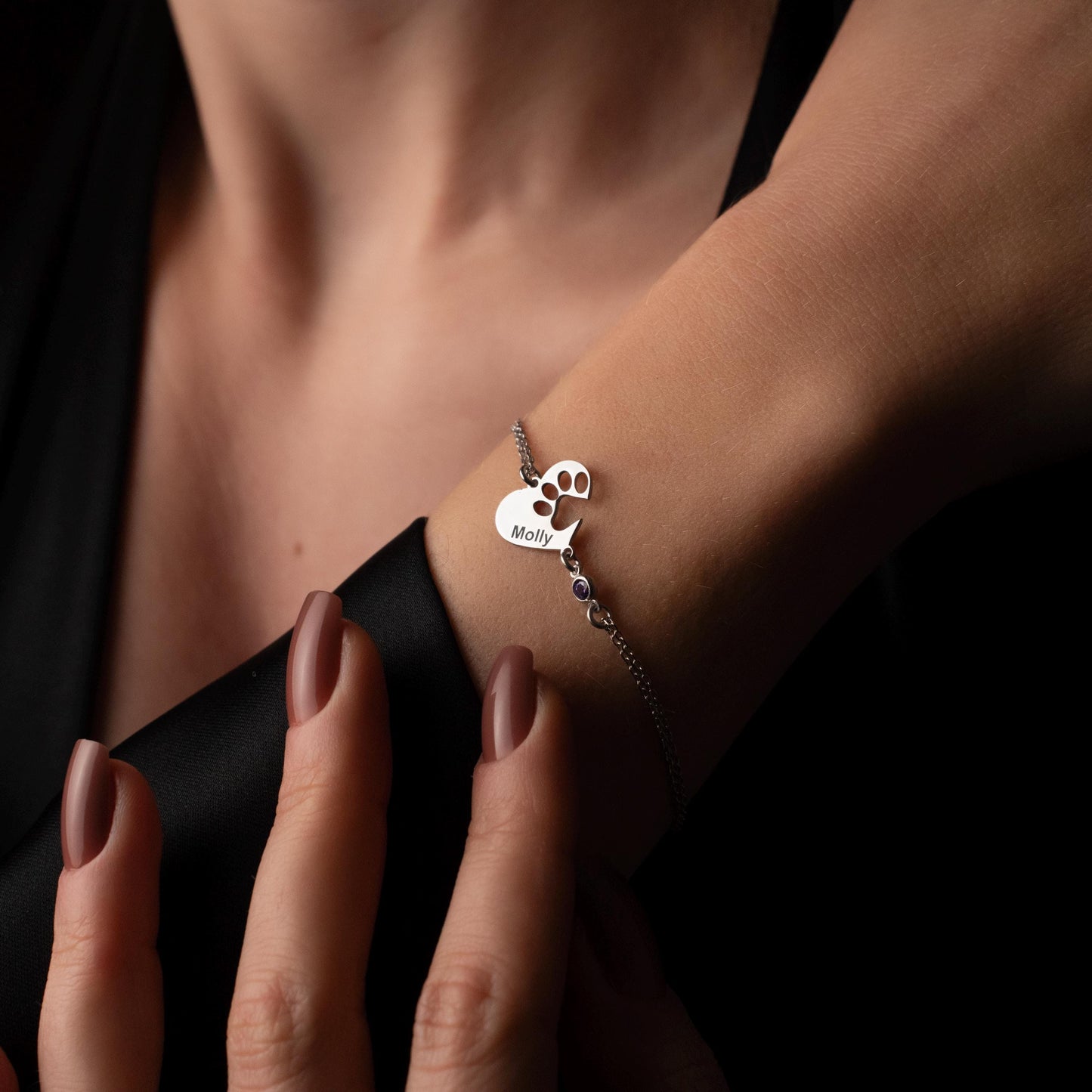 Personalized Name Bracelet with Birthstone - Engraved Heart Charm, Sterling Silver or 18K Gold Plated