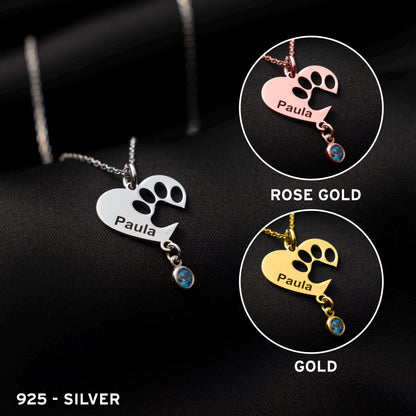Pet Loss Tribute Necklace - Sterling Silver Paw Charm for Pet Lovers, Customizable with Birthstone