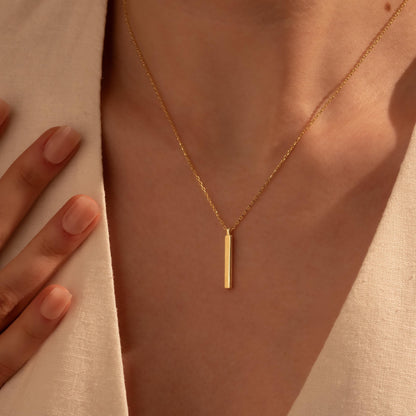 Minimal Vertical Bar Necklace – Custom Engraved Pendant, 18K Gold Plated
