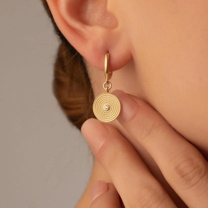 Textured Disc Earrings – Vintage Style Drop Hoop – Elegant Gift for Her