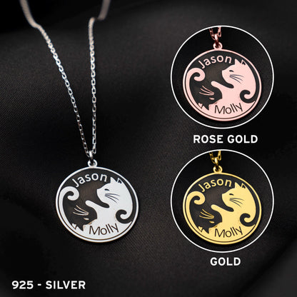 Whimsical Yin-Yang Cat Necklace - Custom Couple Name Pendant in 925 Silver, Engraved Gift for Cat Lovers
