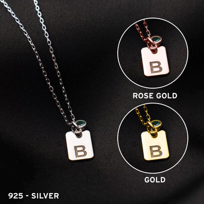 Personalized Birthstone Initial Necklace, Custom Name Jewelry, Sterling Silver Tag Pendant, Gift for Her