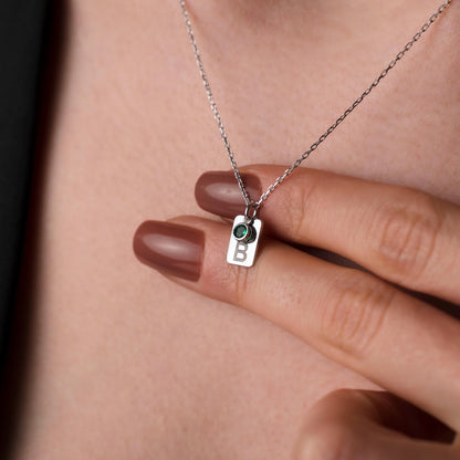 Personalized Birthstone Initial Necklace, Custom Name Jewelry, Sterling Silver Tag Pendant, Gift for Her