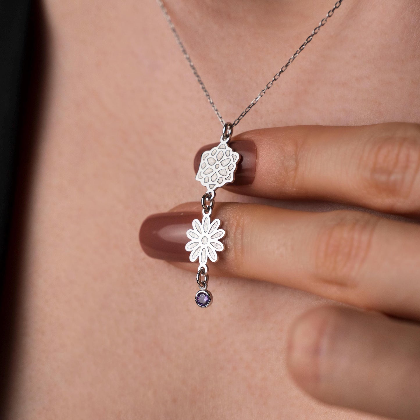 Birth Flower and Birthstone Necklace, Custom Silver Pendant, 925 Jewelry, Personalized Gift for Her