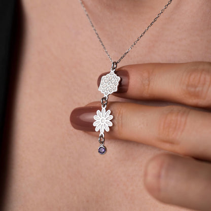 Birth Flower and Birthstone Necklace, Custom Silver Pendant, 925 Jewelry, Personalized Gift for Her