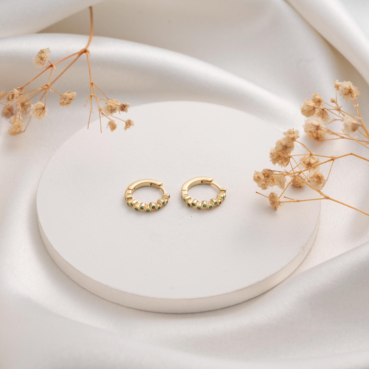 Dainty Gold Hoop Earrings with Emerald Green Crystals - Elegant Gift for Her