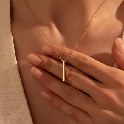 Minimal Vertical Bar Necklace – Custom Engraved Pendant, 18K Gold Plated