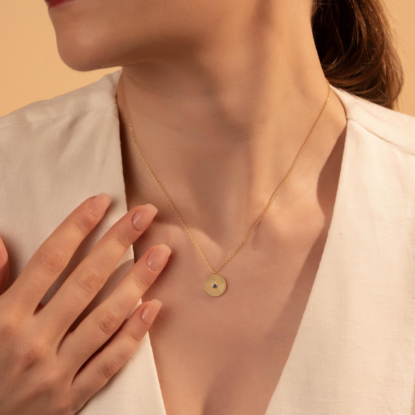 Textured Evil Eye Necklace – Minimal Round Pendant Jewelry, Gift for Her