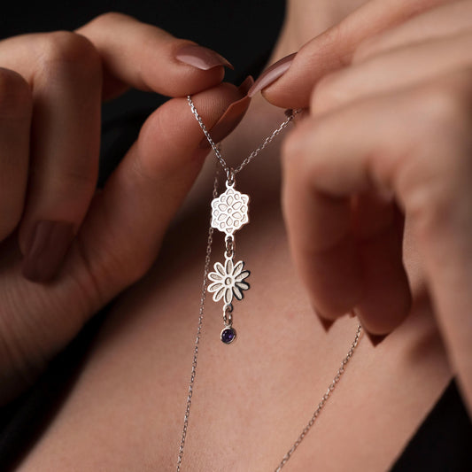 Birth Flower and Birthstone Necklace, Custom Silver Pendant, 925 Jewelry, Personalized Gift for Her