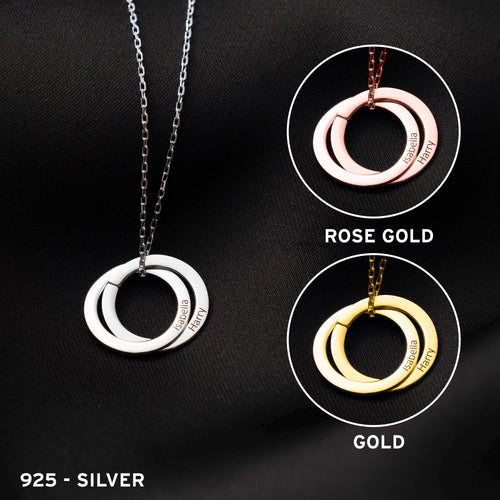 Customized Double Circle Necklace - Engraved Sterling Silver Pendant, Interlocking Rings - Unique Gift Idea