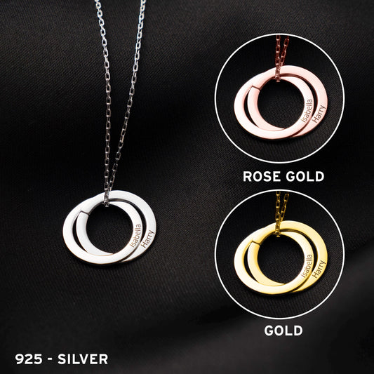 Customized Double Circle Necklace - Engraved Sterling Silver Pendant, Interlocking Rings - Unique Gift Idea