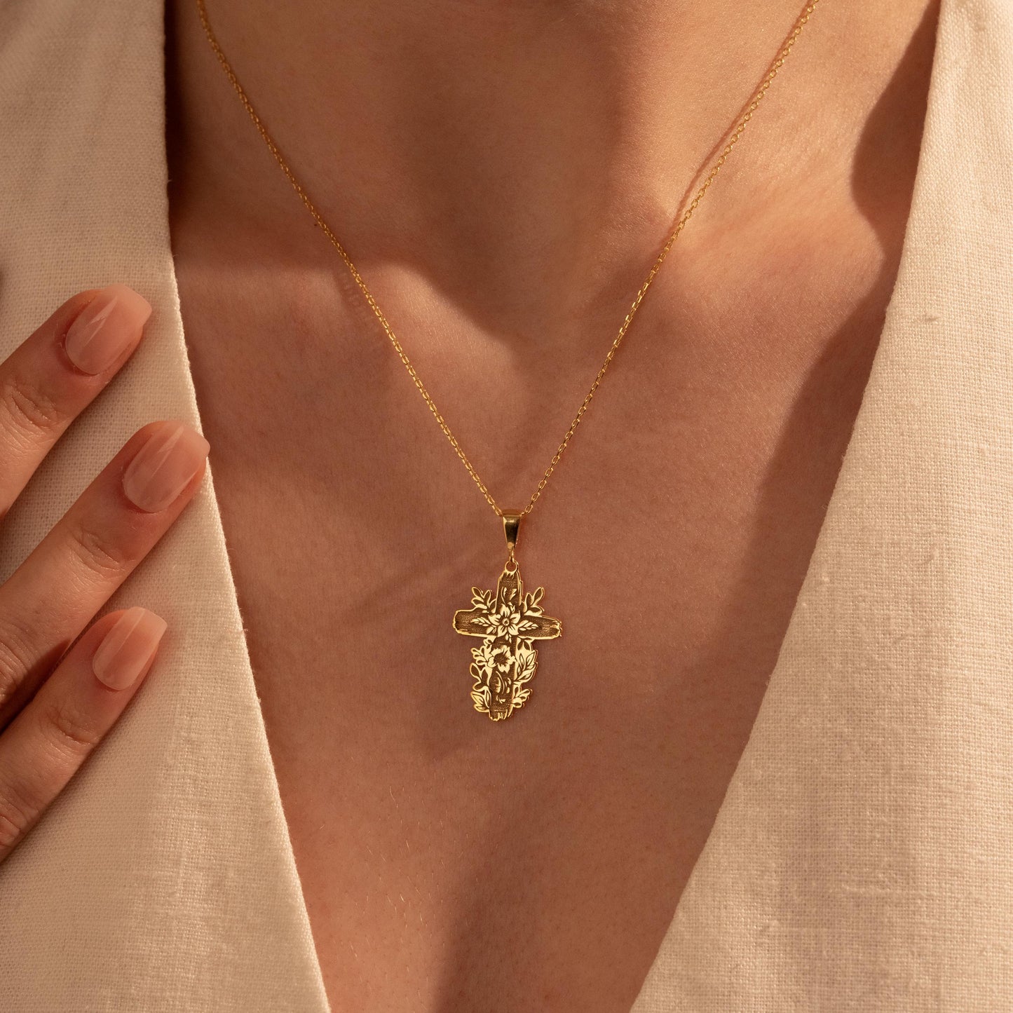 Elegant Gold Floral Cross Necklace - Perfect Christian Gift for Her