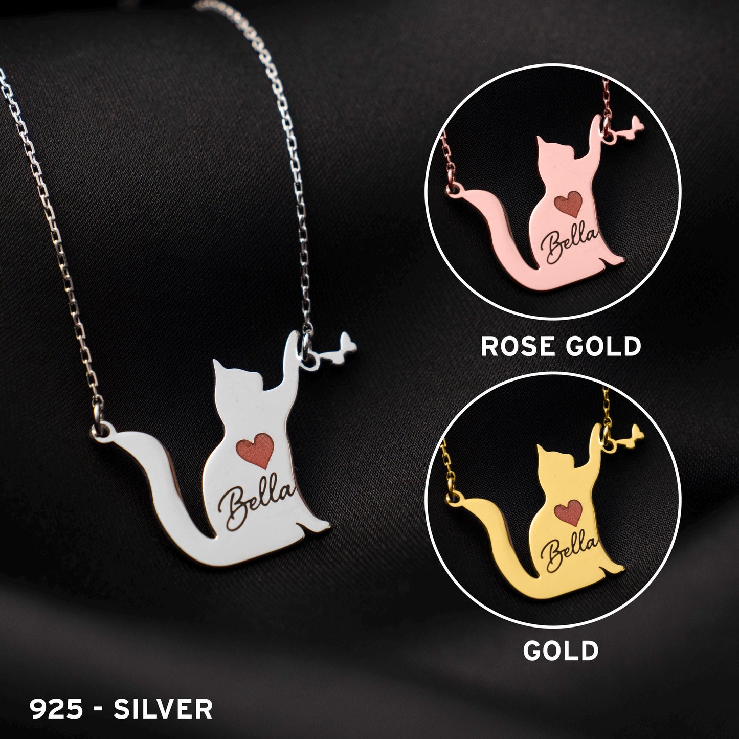 Adorable Personalized Cat Necklace - 925 Silver Pendant for Cat Lovers, Custom Pet Name Jewelry