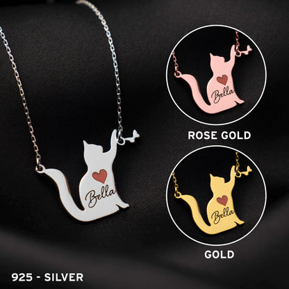 Adorable Personalized Cat Necklace - 925 Silver Pendant for Cat Lovers, Custom Pet Name Jewelry