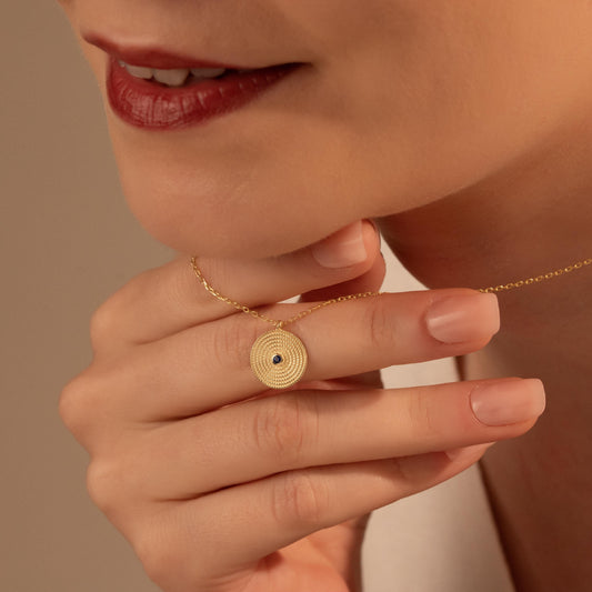 Textured Evil Eye Necklace – Minimal Round Pendant Jewelry, Gift for Her