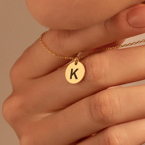 Dainty Custom Letter Necklace - Stylish Gold Initial Disc on Silver Chain