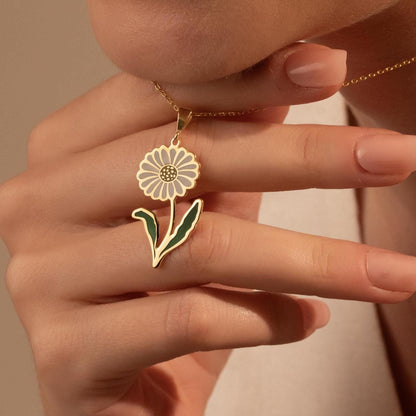 Daisy Necklace - Enamel Flower Pendant, Gold Plated Silver Charm, Floral Jewelry Gift