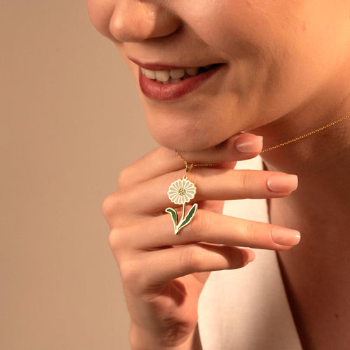 Daisy Necklace - Enamel Flower Pendant, Gold Plated Silver Charm, Floral Jewelry Gift